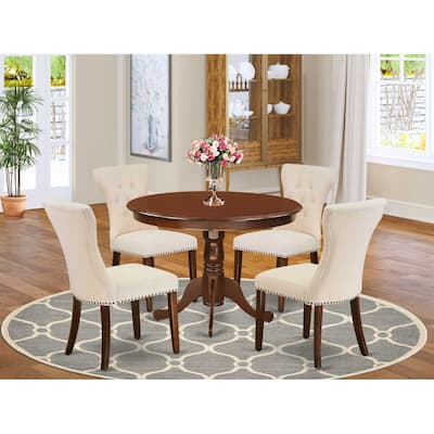 HomeStock 5-Piece Round Mahogany Finish Solid Wood Top Dining Table with 4 Upholstered Chairs with Lattice Back