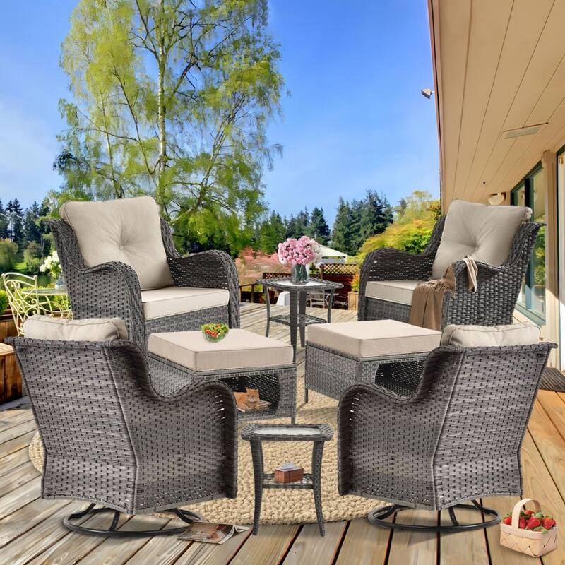 8 Pieces Patio Furniture Sets with Swivel Chairs and Storage Ottoman - Beige Cushion-Gray Wicker