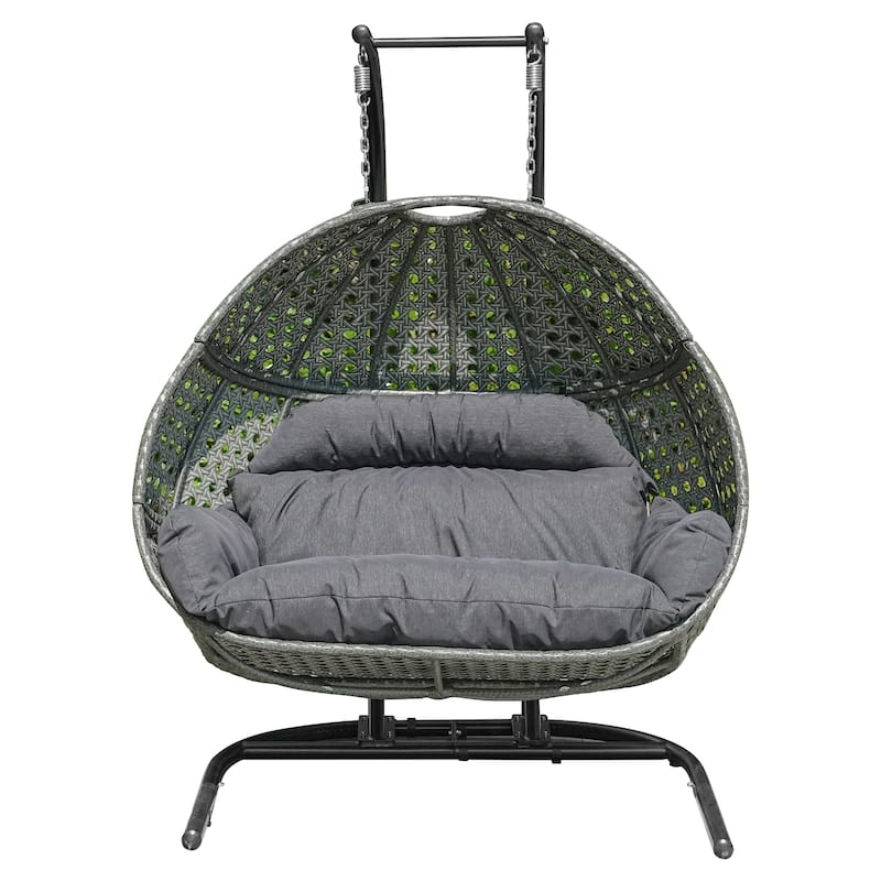 2-Person Hanging Egg Swing Chair with Metal Stand Handcrafted Wicker Breathable Cushion
