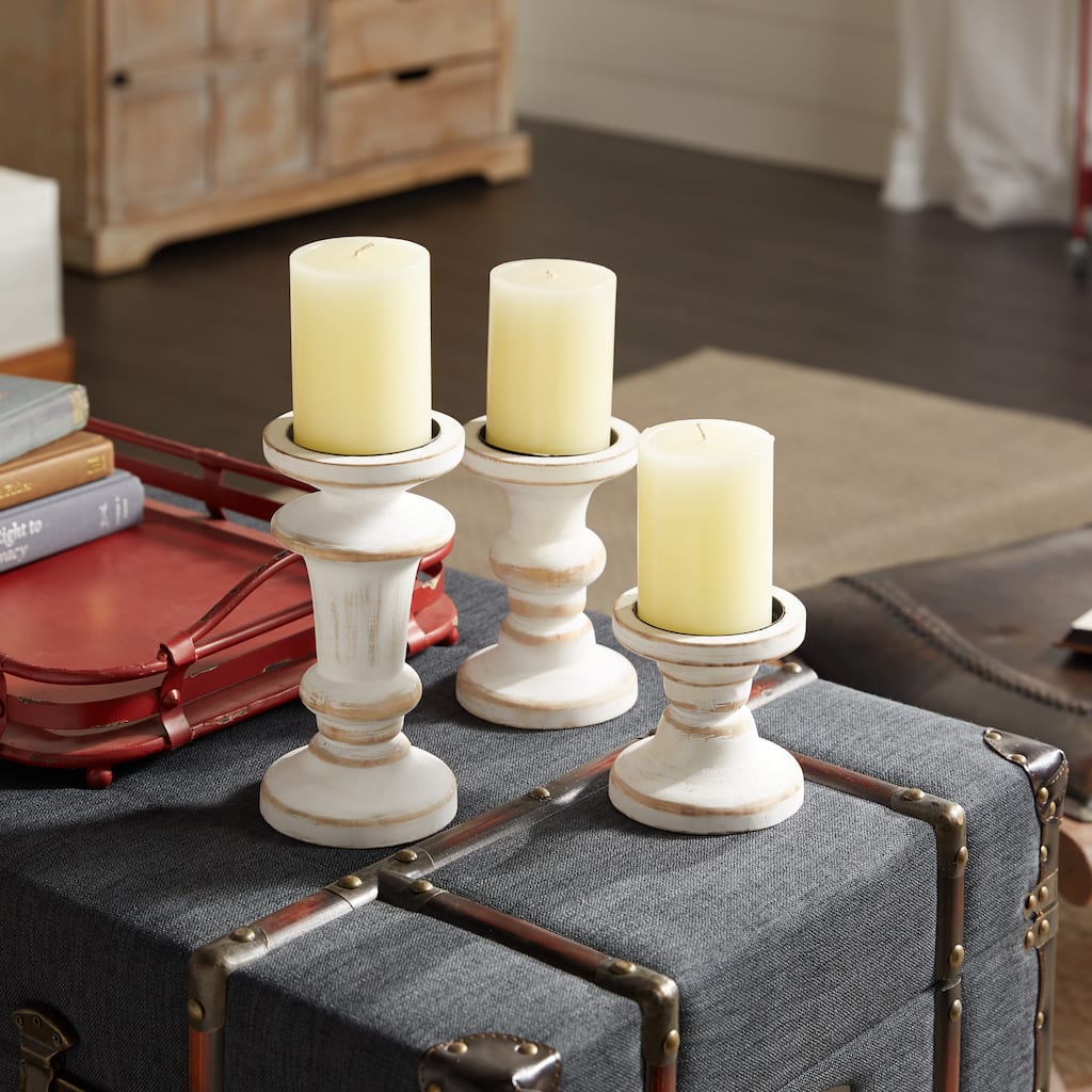 White Wood Candle Holder (Set of 3) - 4 x 4 x 8