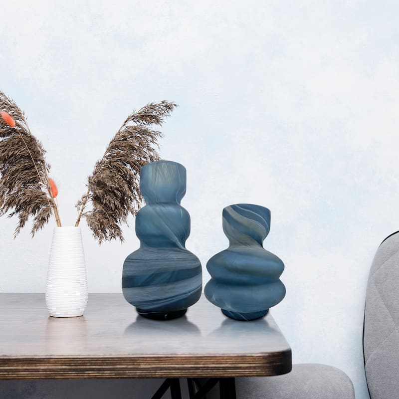 Set of 2 Decorative Handmade Glass Azure Marble Geometric Vase in Blue