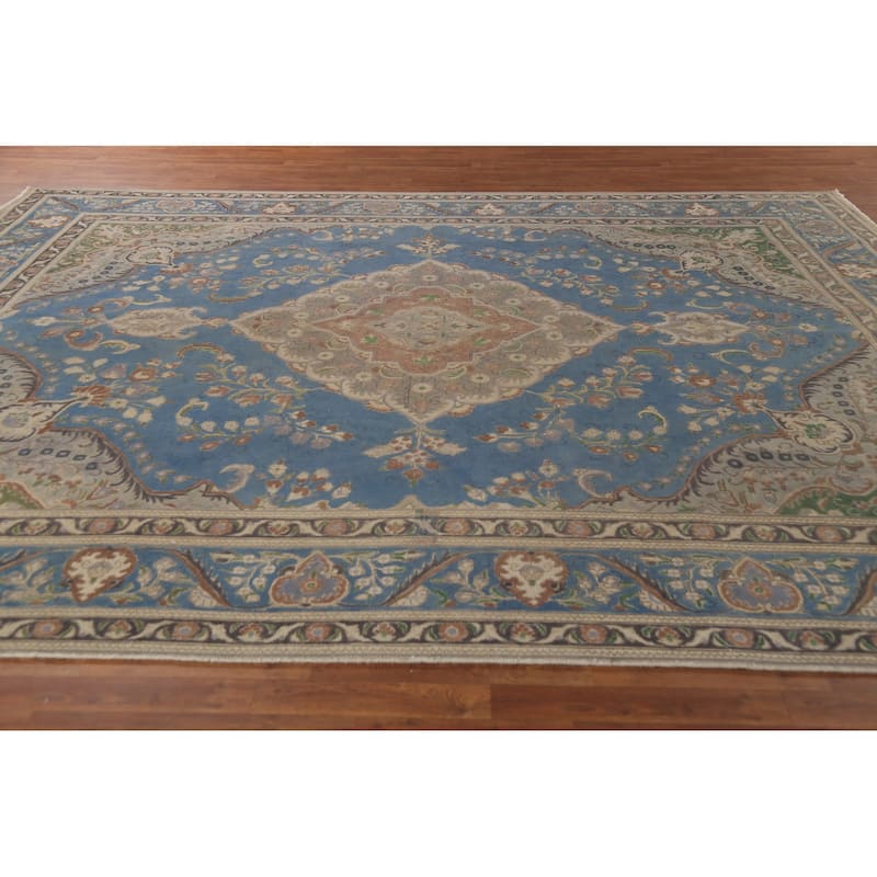 Tabriz Persian Vintage Area Rug Hand-Knotted Geometric Wool Carpet - 9'10"x 12'9"