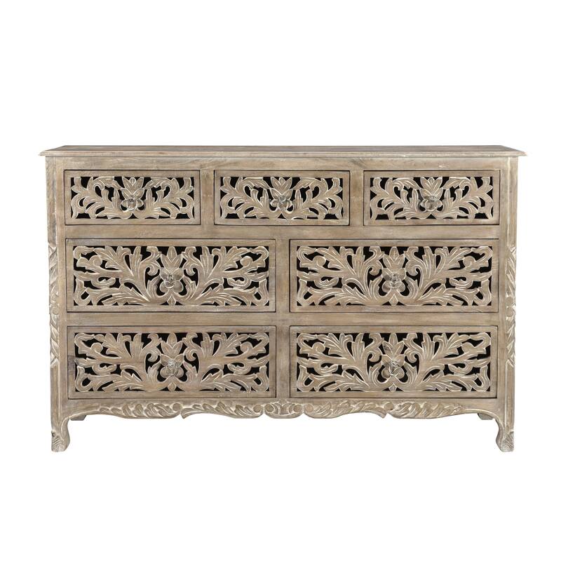 Florence Floral Carved Wood 7-Drawer Dresser - Limestone Gray
