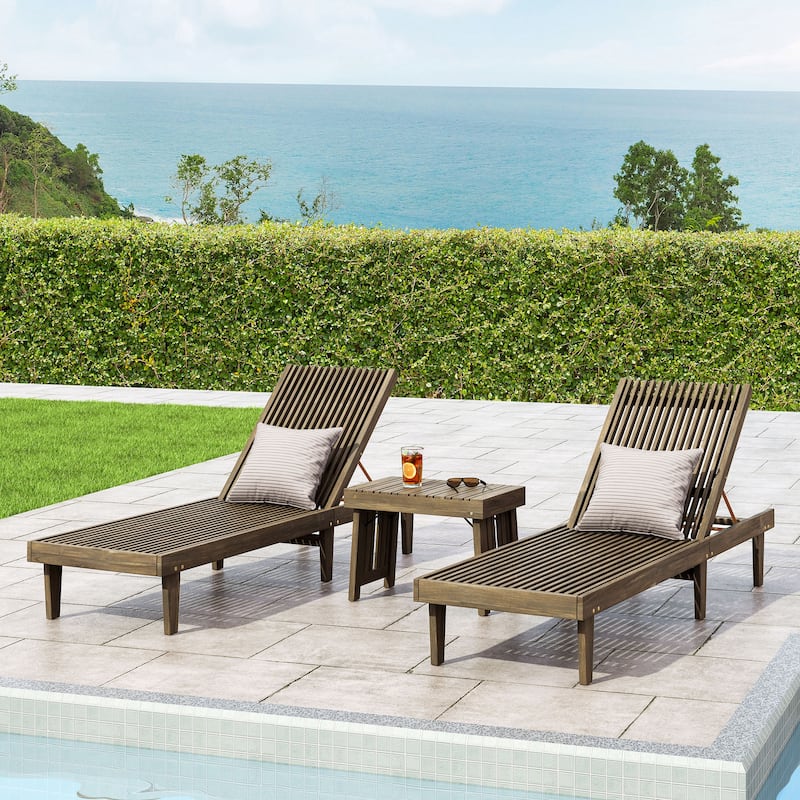 Nadine Outdoor Acacia Wood 3 Piece Chaise Lounge Set by Christopher Knight Home - Gray Finish