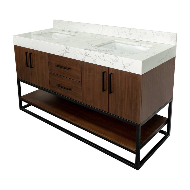 KitchenBathCollection Ellis 60" Double Bathroom Vanity with Engineered Marble Top