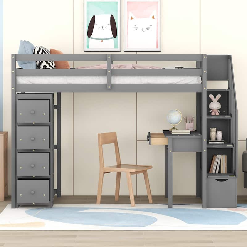Twin Size Wooden Loft Bed with Storage Drawers, Desk, Stairs, and Shelves - Gray