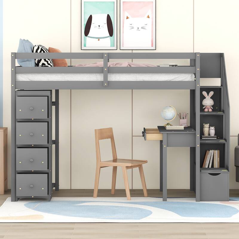 Wood Twin Size Loft Bed with Desk, Storage Stairs, Drawers and Shelves, Solid Wood Twin Bedframe Multi-Functional High Loftbed - Gray - Twin