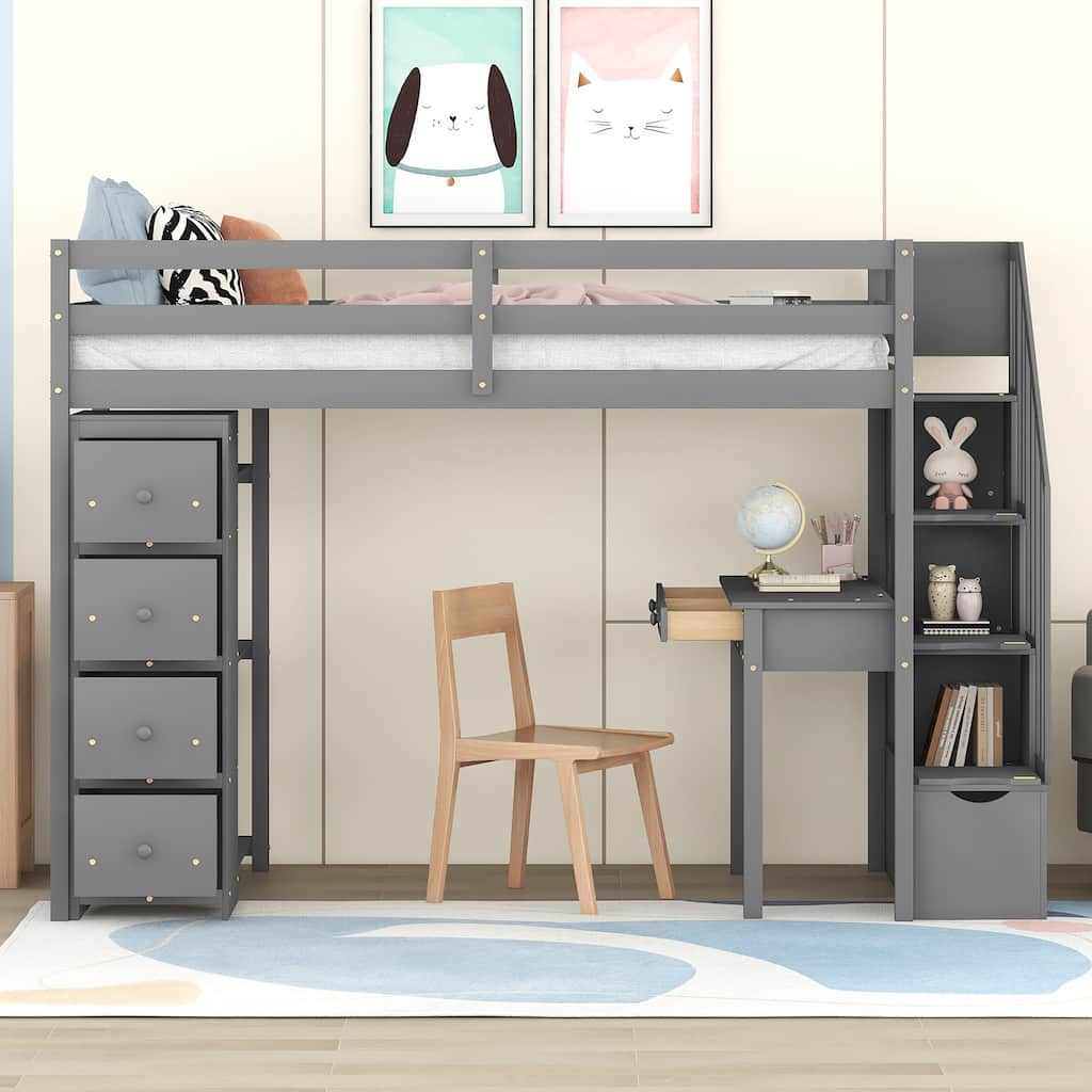 Wood Twin Size Loft Bed with Desk, Storage Stairs, Drawers and Shelves, Solid Wood Twin Bedframe Multi-Functional High Loftbed