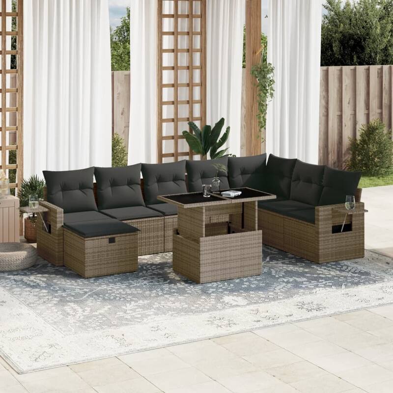 vidaXL Patio Sofa Set with Cushions Outdoor Furniture 9 Piece Poly Rattan - Grey - 21.7 x 39.4 x 28.7 in