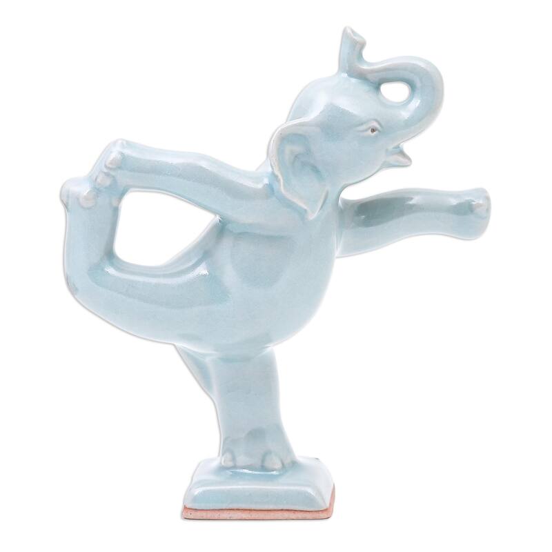 Novica Handmade Elephant Mountain Pose Celadon Ceramic Figurine