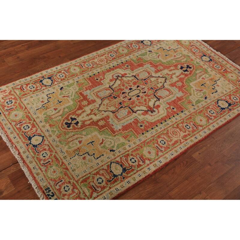 Orange & Green Heriz Serapi Vegetable Dye Rug Handmade Wool Carpet - 3'1"x 5'0"