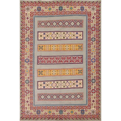 Grey Kazak Area Rug Handmade Wool Carpet - 6'6" x 9'5"