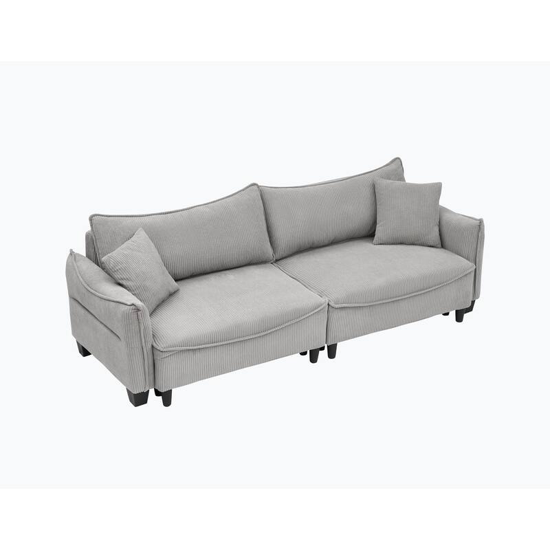 Gray Corduroy 3-seater Sofa Bed with Throw Pillows and Storage