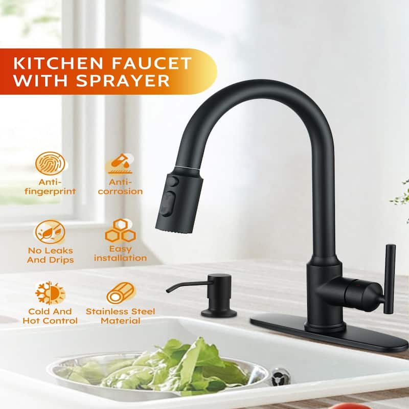 WOWOW Pull Down Sprayer Kitchen Faucet with Soap Dispenser
