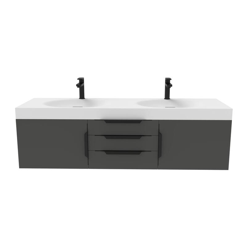 Thames 60" Shallow Basin Wall Mounted Bathroom Vanity Set w/ White Top - Black - Matte