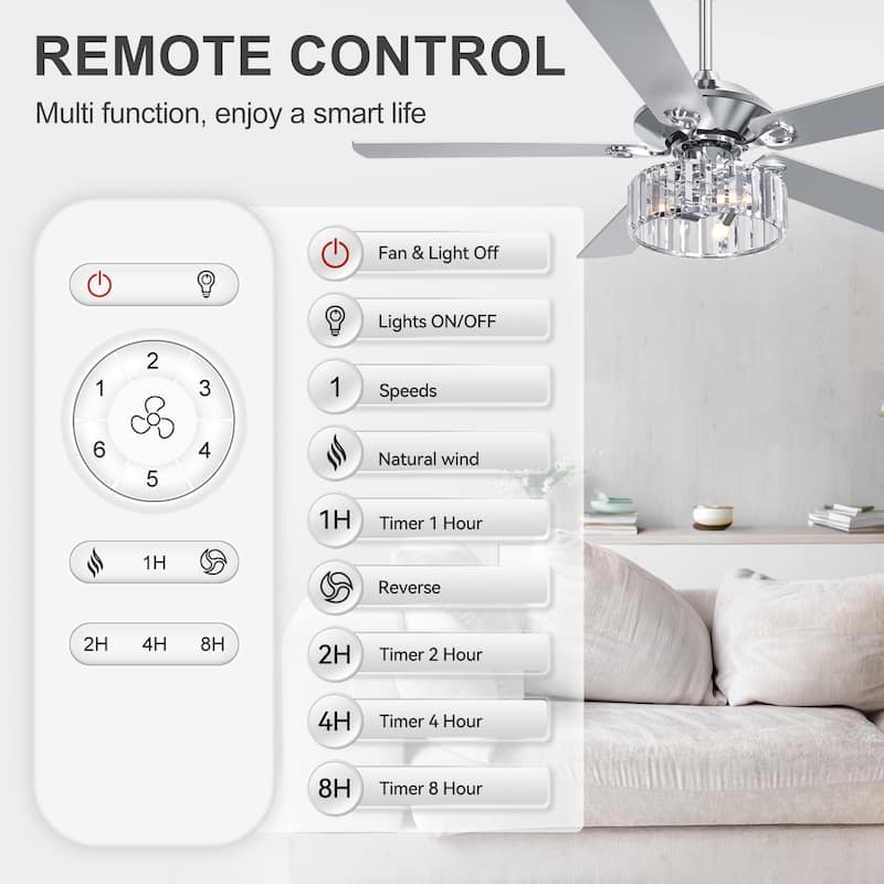 52 Inch Chrome Ceiling Fan with Lights and Remote(5-blade)
