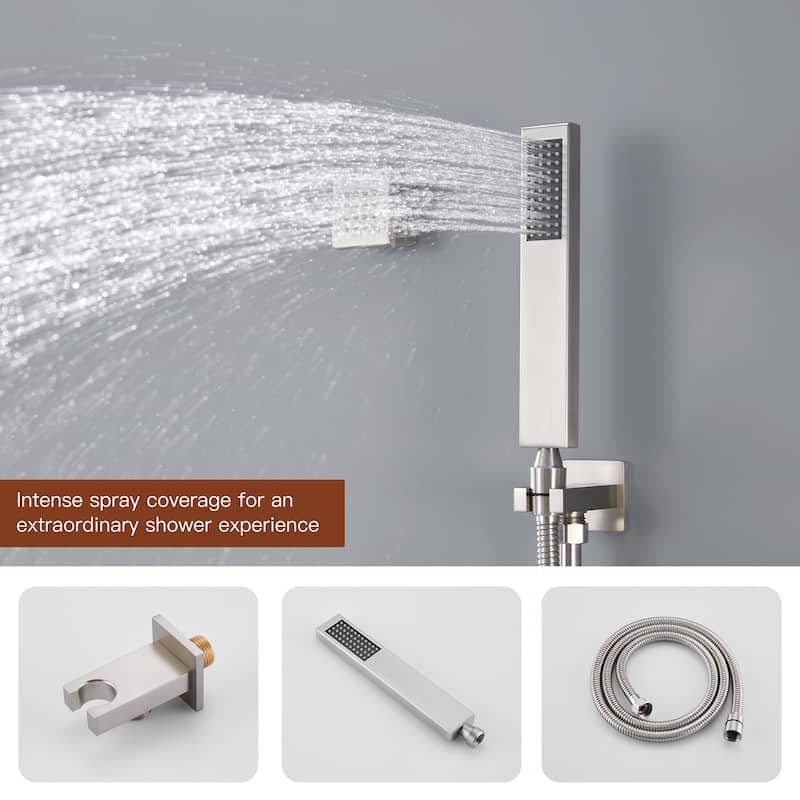 Luxury 4-Spray Patterns 23 in. Ceiling Mount Shower System with Handheld Shower Head, 6 Body Jets, LED, and Music - 15" x 23"