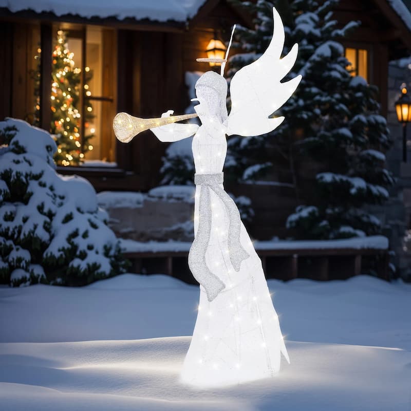 Futzca Lighted Christmas Reindeer & Sleigh, Outdoor Angel Christmas Decoration - Angel - White