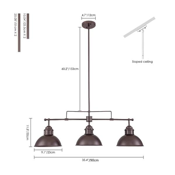 dimension image slide 1 of 2, 3-Light Industrial Farmhouse Dome Pendant Metal Linear Kitchen Island Pendant Light Oil Rubbed Bronze Finish