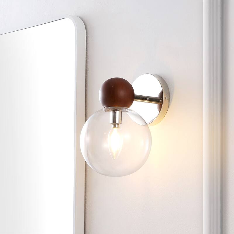 SAFAVIEH Lighting Wiltrude Wall Sconce (Set of 2) - 6 In. W x 8 In. D x 10 In. H - Dark Walnut/Nickle - 6Wx8Dx10H