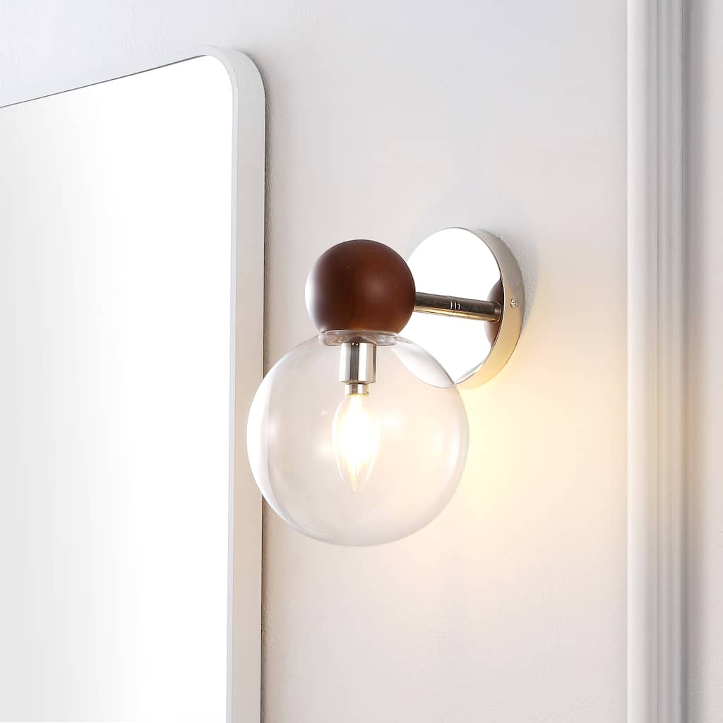 SAFAVIEH Lighting Wiltrude Wall Sconce (Set of 2) - 6 In. W x 8 In. D x 10 In. H - Dark Walnut/Nickle - 6Wx8Dx10H