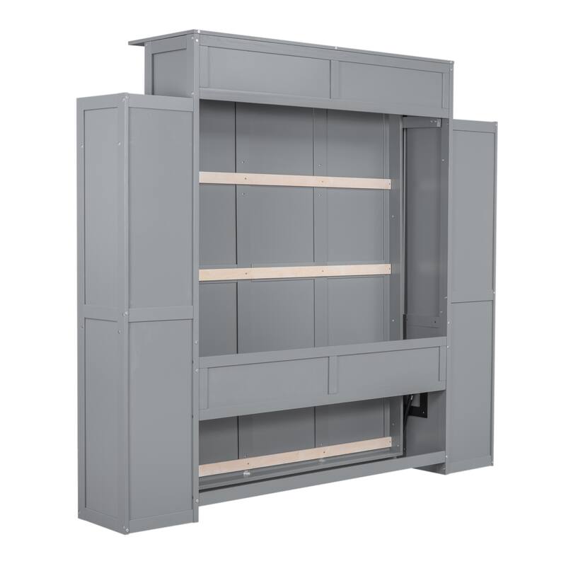 Wooden Wall Murphy Bed with Side Bookshelf & LED Lights