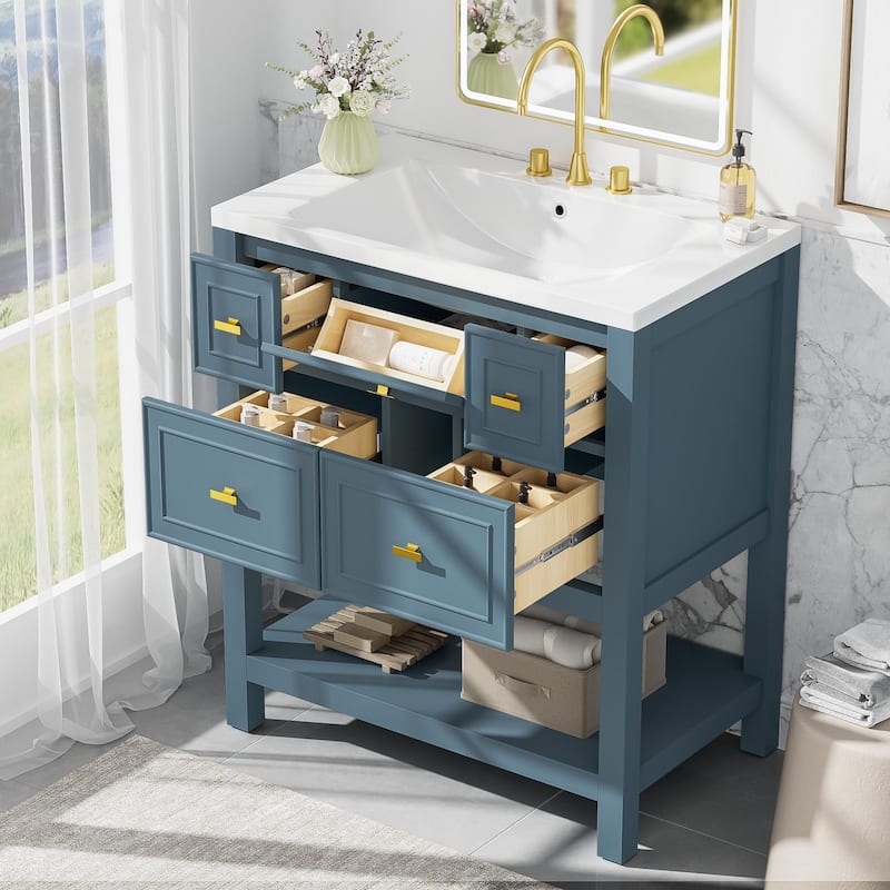 MDF Bathroom Vanity with Free Standing Single Vanity Set with 5 Drawers - 30" x 18" x 33"