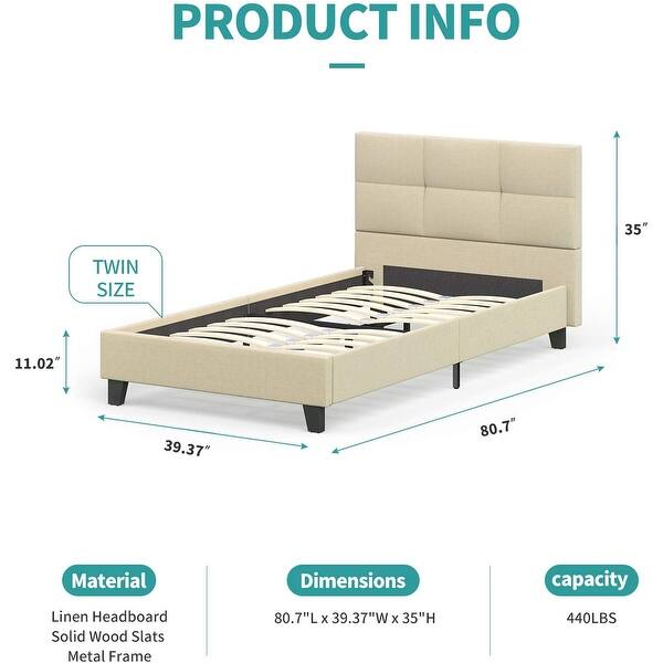 Twin Upholstered Linen Platform Bed /Metal Frame with Tufted/ Wooden ...