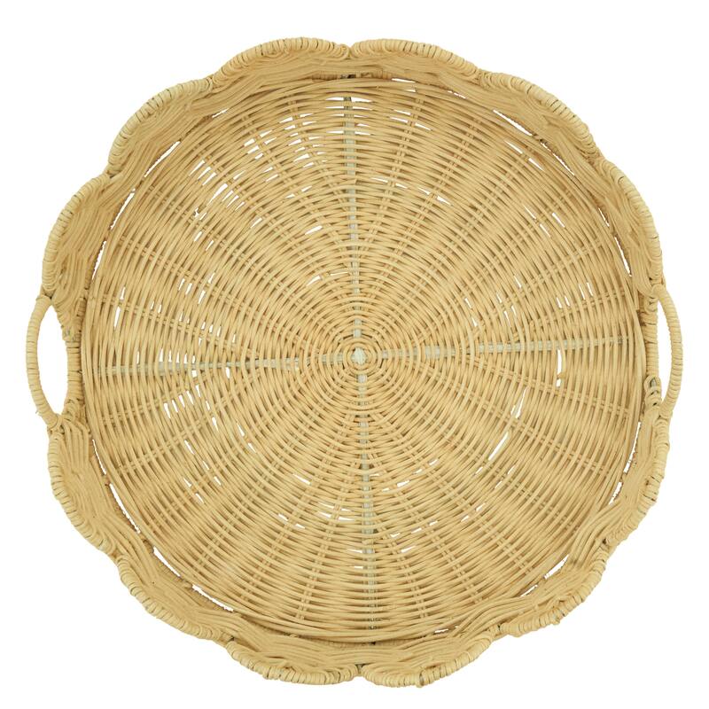 Round Scalloped Rattan Serving Tray with Handles - Handwoven Natural Wicker Decorative Tray for Coffee Table, 14"x3"