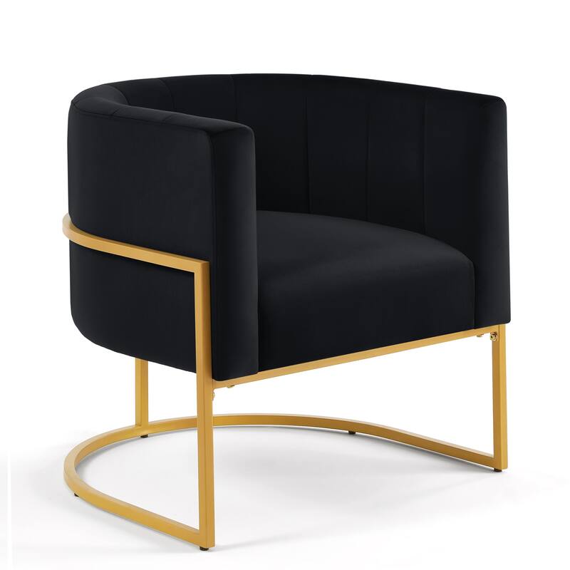 Black Stylish Velvet Upholstered Chair Barrel Chair with Metal Frame, Curved Backrest Lounge Chair Club Chair for Living Room