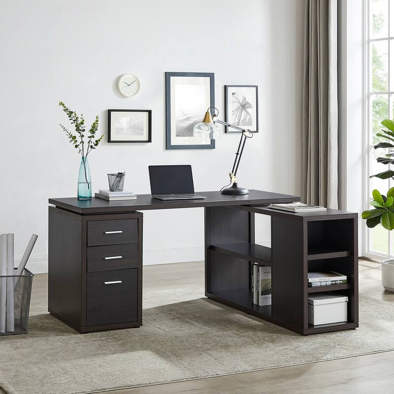 Executive L-Shaped Desk with Drawers, Large Modern Computer Desk with Storage Drawers, File Storage Desk for Home Office - Espresso