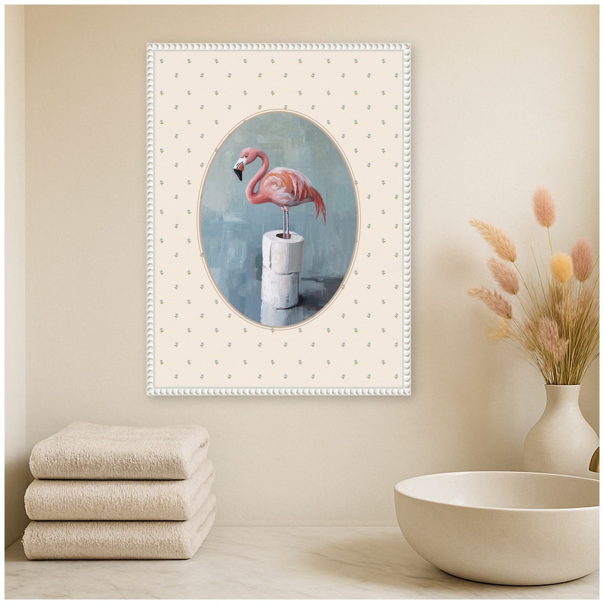 Kate and Laurel Flamingo & Toilet Paper Bathroom by The Creative Bunch Studio Framed Canvas Wall Art Print
