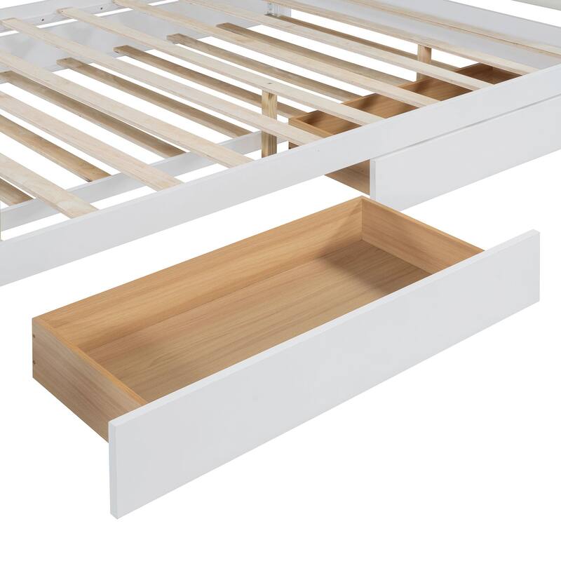 Modern Queen Platform Bed with Soft PU Leather Backrest, Trundle & Storage Drawers, White/Walnut Finish