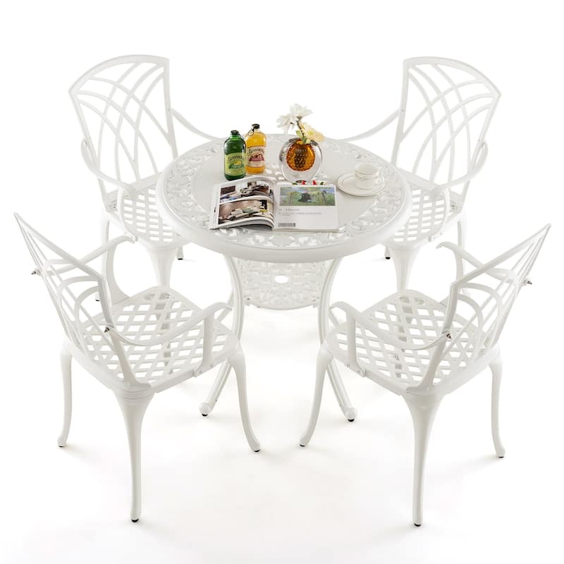 Gymax 5 Pieces All-Weather Outdoor Cast Aluminum Dining Set Round - White