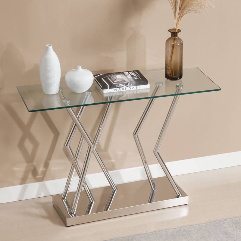 Tempered Glass Top Console Table, Entryway Sofa Table with Metal Base - 43.3"L x 15.8"W x 29.9"H
