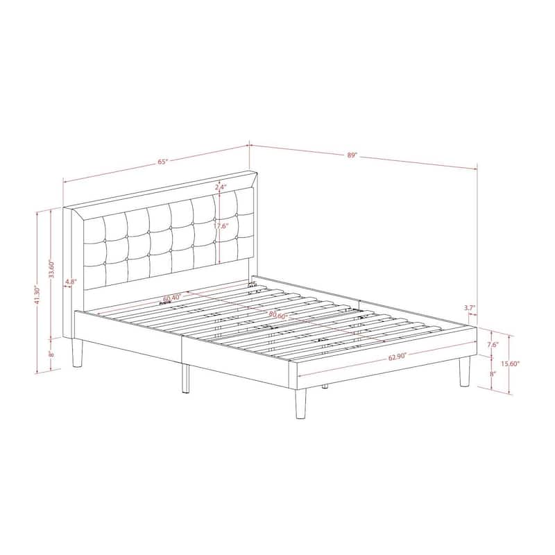 Queen Size Bed Platform Wood Frame - Linen Upholstered Headboard - Modern Bedroom Furniture