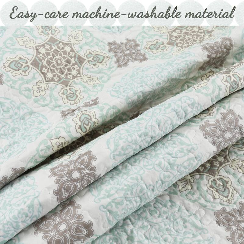 Cozy Line Light Green Aqua Damask Reversible Bedding Quilt Set