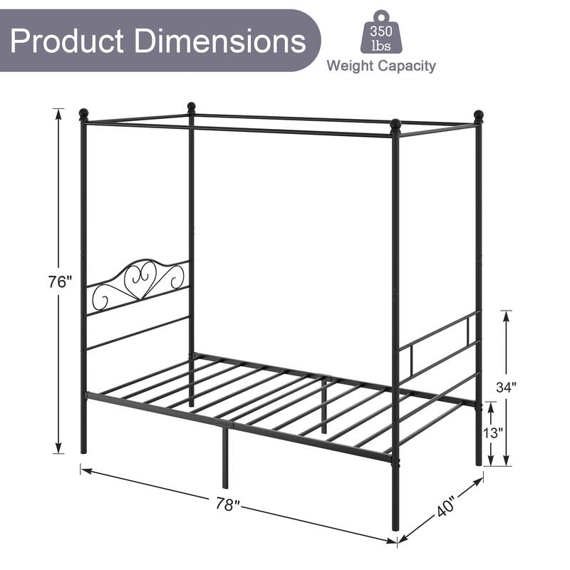 VECELO Twin Canopy Bed Frame with Headboard and Footboard, Metal Four Posters Design, Platform with Steel Slats Support