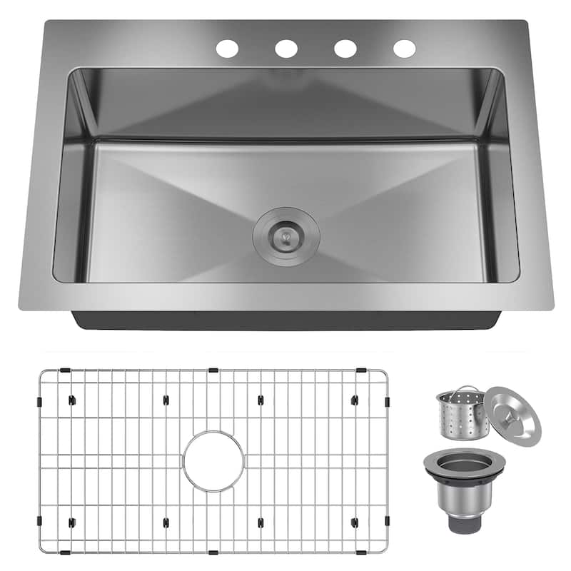 33 in. Drop-in Single Bowl 18 Gauge Brushed Stainless Steel Kitchen Sink with Bottom Grid and Basket Strainer, cUPC Certified - 4 Hole - Brushed Stainless Steel