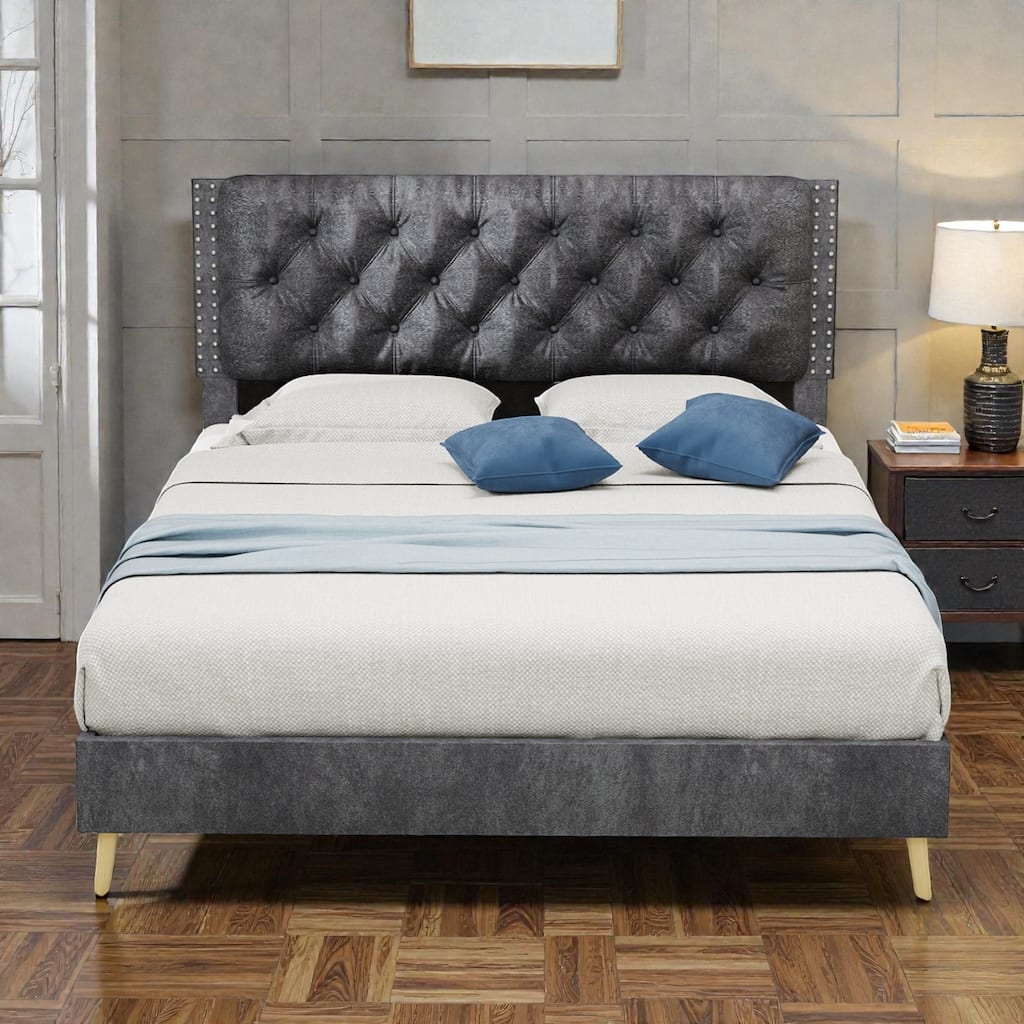 Suede Velvet Upholstered Bed Frame with Tufted Headboard, Soft Platform Bed for Master Bedroom