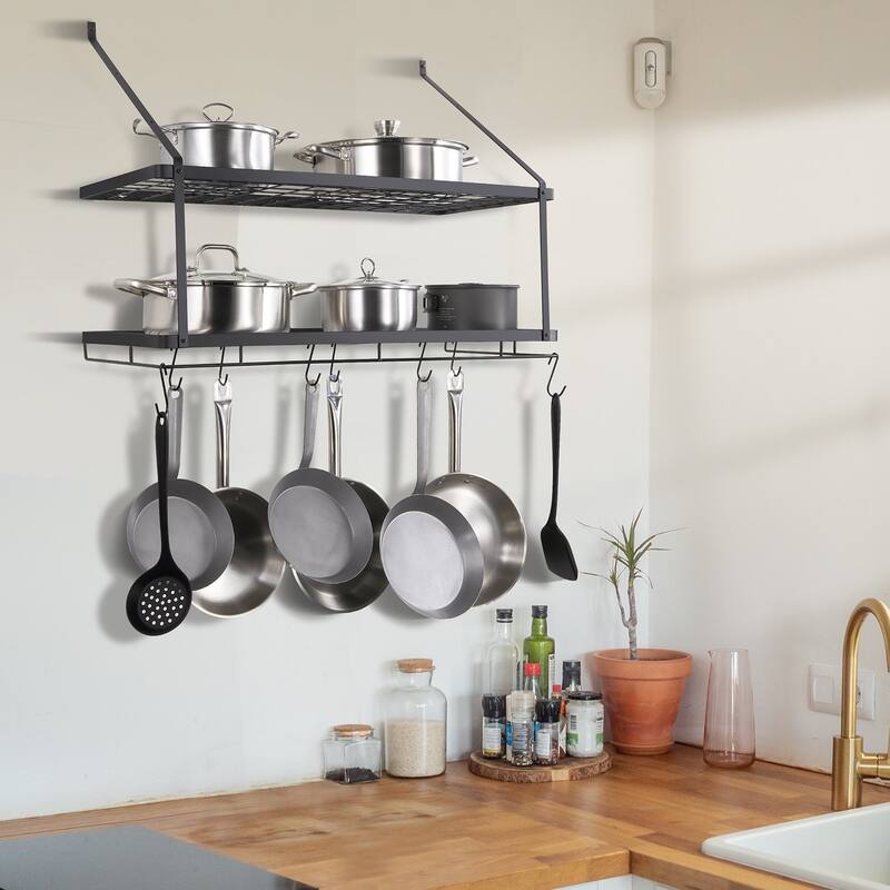 30 Inch Black Steel Wall Mounted Pot and Pan Hanging Rack with 12 S Hooks Ideal for Utensils and Cookware