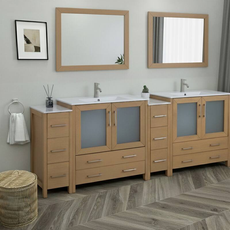 Vanity Art 96" Double Sink Bathroom Vanity Set 10 Dove-Tailed Drawers, 3 Cabinets, 2 Shelves Soft-Closing Doors with Free Mirror