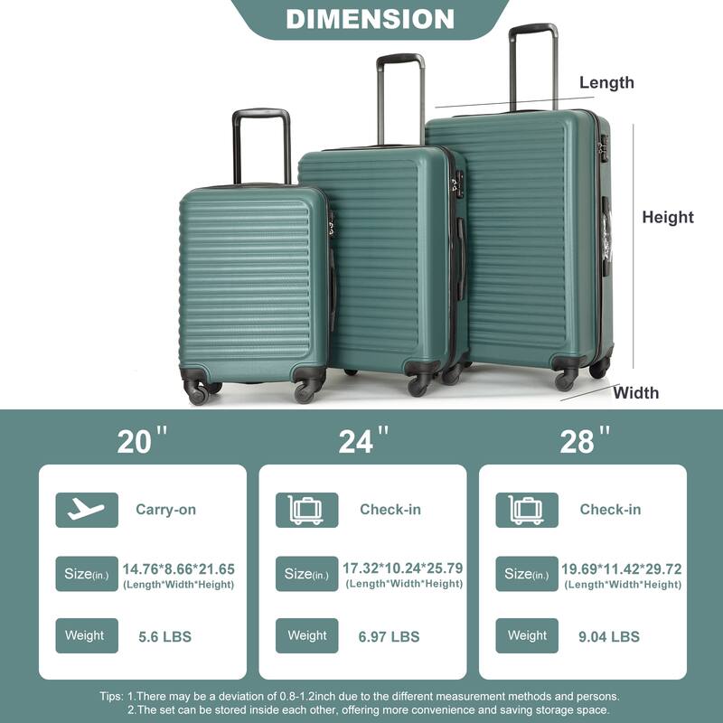 3 Piece ABS Hardside Luggage Sets Spinner Wheels Suitcase with Two Hooks and TSA Lock & Telescoping Handle
