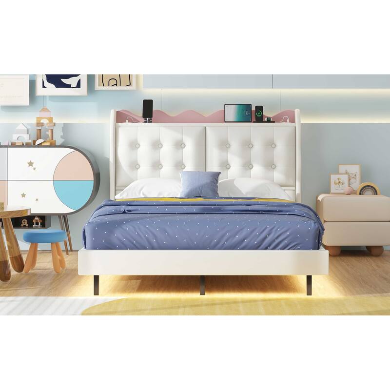 Full Size Upholstered Platform Bed with LED Lights, USB Ports, and Storage Headboard