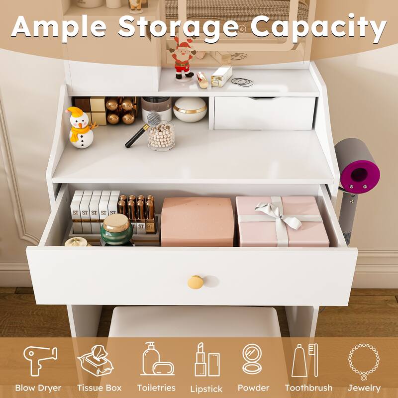 3-Color LED Vanity Mirror with Stool, Pink Dressing Table for Bedroom, 2 Drawers & 5 Storage Cabinets (4 Open + 1 Hidden)