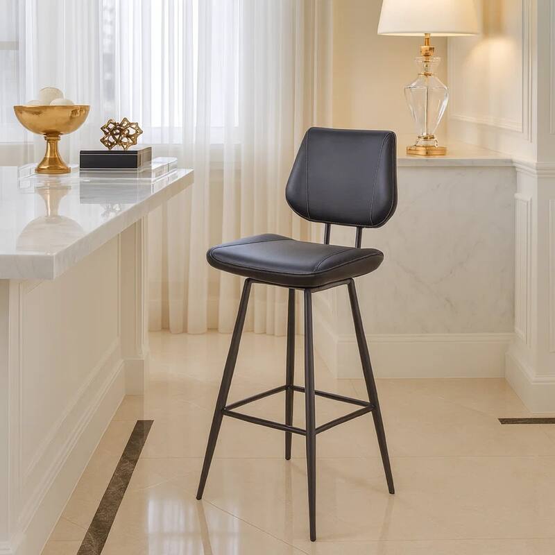 Leather Upholstered and Metal Bar Height Stool, Stitch Details, Set of 2, Black