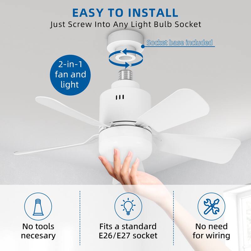 17.7 in. Indoor White Ceiling Fan with Remote, LED Light, Socket - N/A