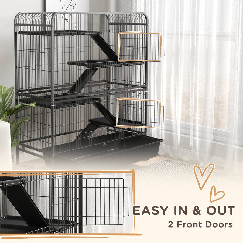 PawHut 53.5" Small Animal Cage, 5-Level Metal Ferret or Bunny Cage with Wheels, Chinchilla Cage with Removable Tray