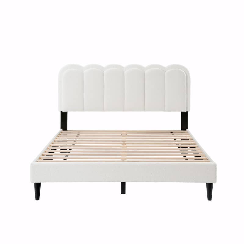 Lambswool Petal Headboard Bed Frame - Cream Style Bedroom Soft Bed with Ambient Light