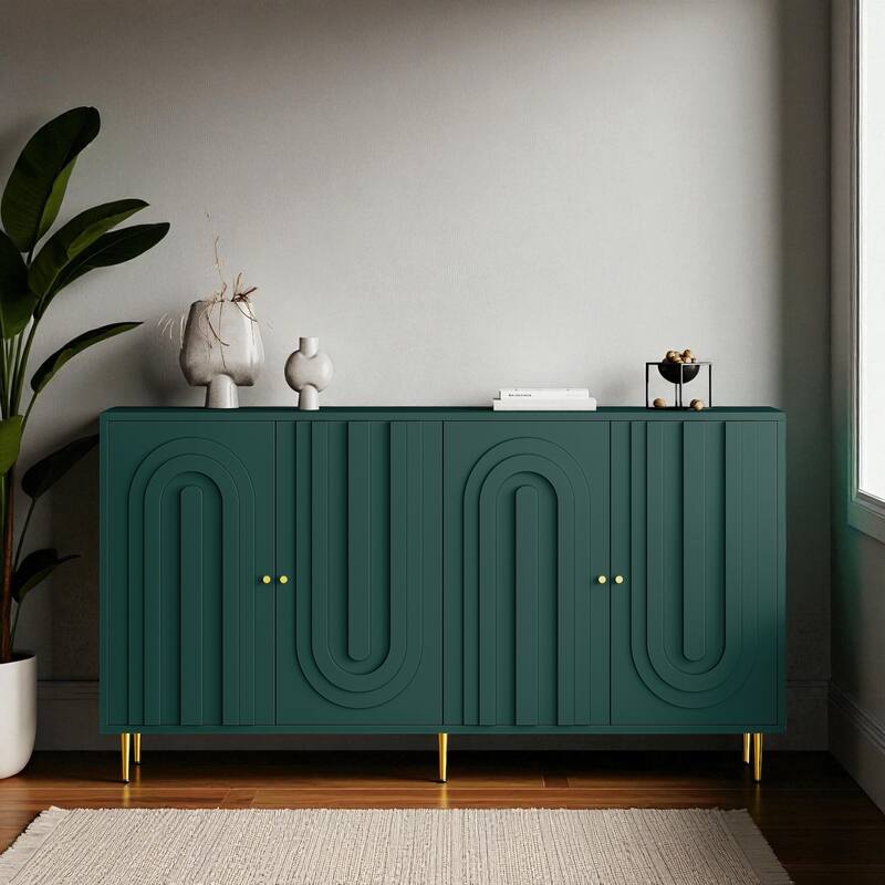Modern 4-Door Lacquered Sideboard Buffet Cabinet with Gold Legs, Adjustable Shelves for Living Room or Dining Room